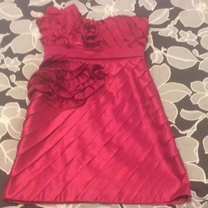Strapless fushia satin ruffle dress